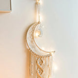 Boho macrame moon wall hanging dream catcher for nursery decor, meditation space styling, and soft celestial room decoration.