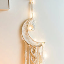 Boho macrame moon wall hanging dream catcher for nursery decor, meditation space styling, and soft celestial room decoration.