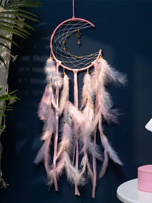 Boho Moon Dream Catcher wind chime with feathers for bedroom wall décor, meditation space styling, and cozy home decoration.