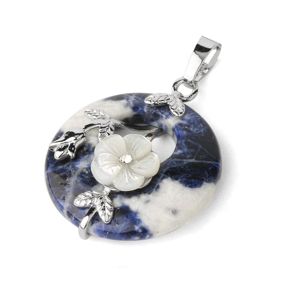 Boho natural stone flower donut pendant charm for layered necklaces, handmade jewelry looks, and casual fashion wear.
