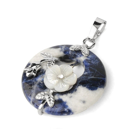 Boho natural stone flower donut pendant charm for layered necklaces, handmade jewelry looks, and casual fashion wear.