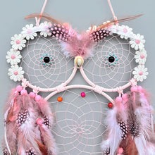 Boho Pink Owl Dream Catcher Wind Chime hanging piece for nursery decor, bohemian room styling, and relaxing indoor display.