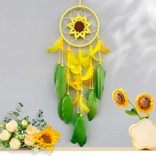 Boho sunflower dream catcher decor with woven center and hanging feathers for wall display, cozy room styling, and spiritual home accents.