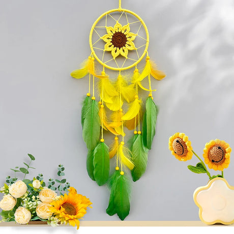 Boho sunflower dream catcher decor with woven center and hanging feathers for wall display, cozy room styling, and spiritual home accents.