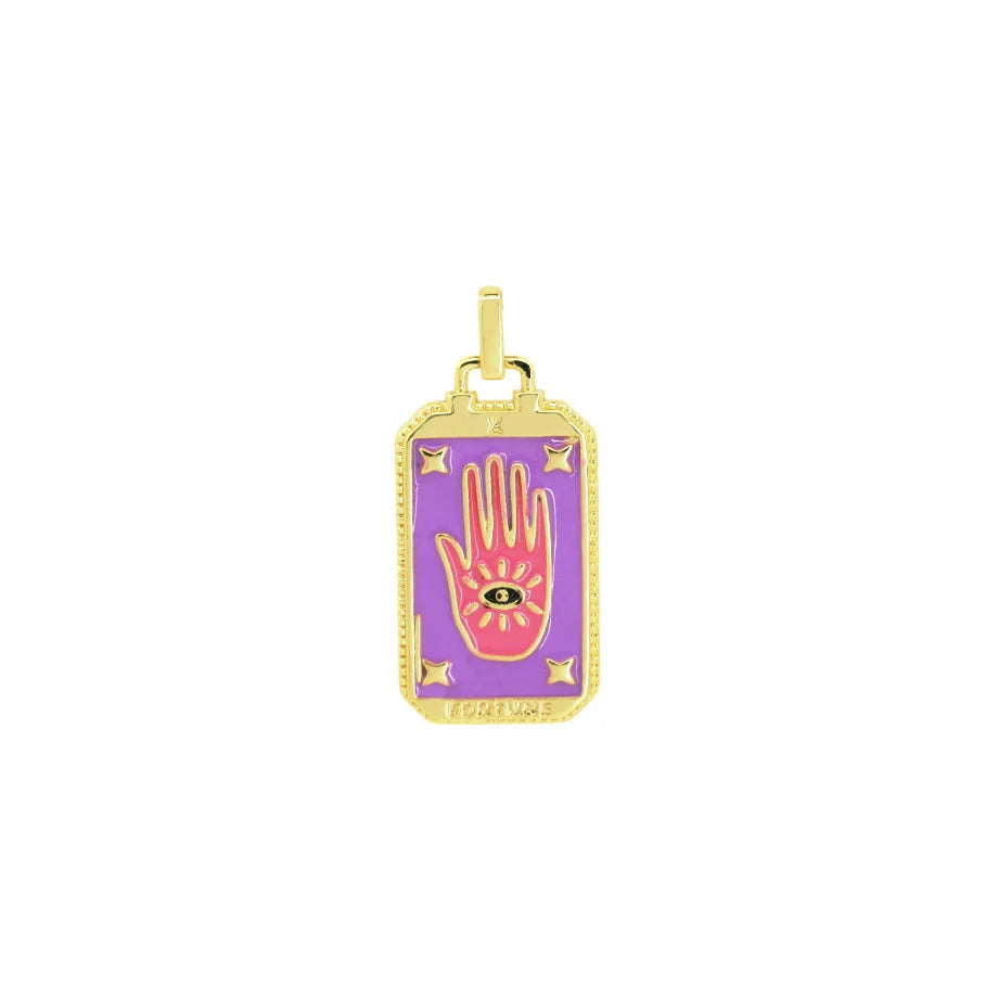 Boho tarot card enamel pendant for festival outfits, symbolic jewelry wear, and mystical fashion styling.
