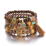 Boho tree charm beaded bracelet set for stacking with other jewelry, casual outfit styling, and daily accessory use.