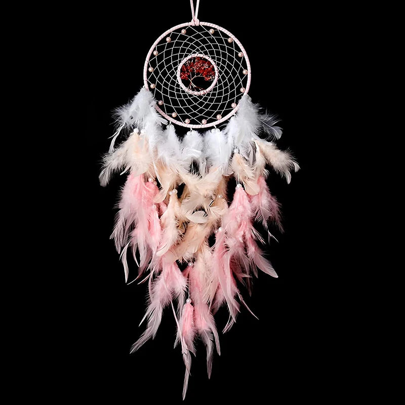 Boho Tree of Life pink dream catcher decor for home wall styling, meditation corner display, and peaceful room decoration.