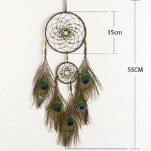 Boho Vintage Peacock Feather Dream Catcher hanging decor for nursery decoration, restful sleep, and spiritual room accents.