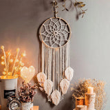 Boho wall hanging macrame dream catcher leaf decor for entryway styling, bedroom decoration, and modern bohemian homes.