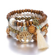 Boho wooden beaded bracelet set with tassel for everyday bohemian styling, layering, and casual fashion wear.