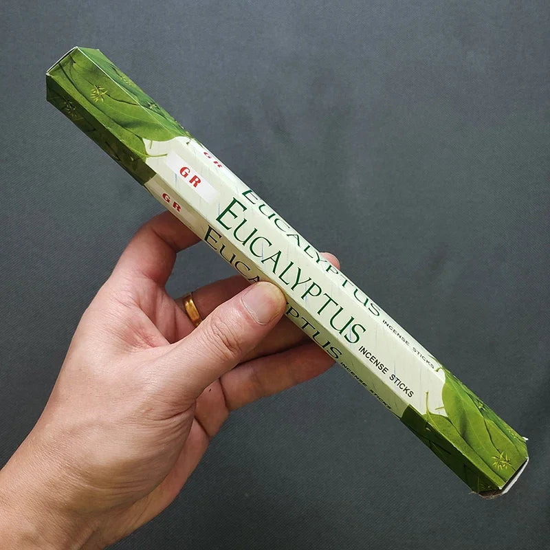 Hand holding a box of Eucalyptus incense sticks against a dark background