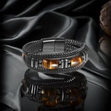Braided black leather Tiger Eye men’s bracelet with natural gemstone beads for casual dressing, stacking with accessories, and daily fashion use.