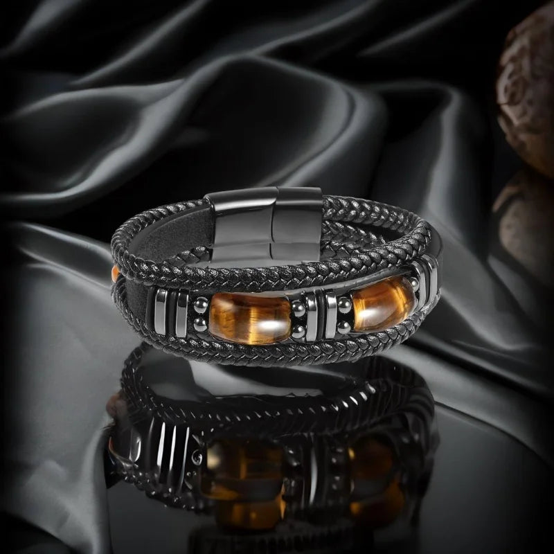 Braided black leather Tiger Eye men’s bracelet with natural gemstone beads for casual dressing, stacking with accessories, and daily fashion use.