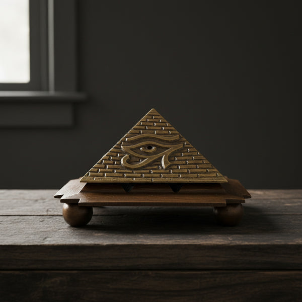 Solid Brass Egyptian 9 Pyramid Cone Burner incense burner for holding cone incense during meditation, prayer, and home fragrance use.