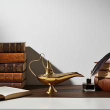 Brass genie lamp incense burner in Aladdin style for incense burning, meditation spaces, and decorative display.