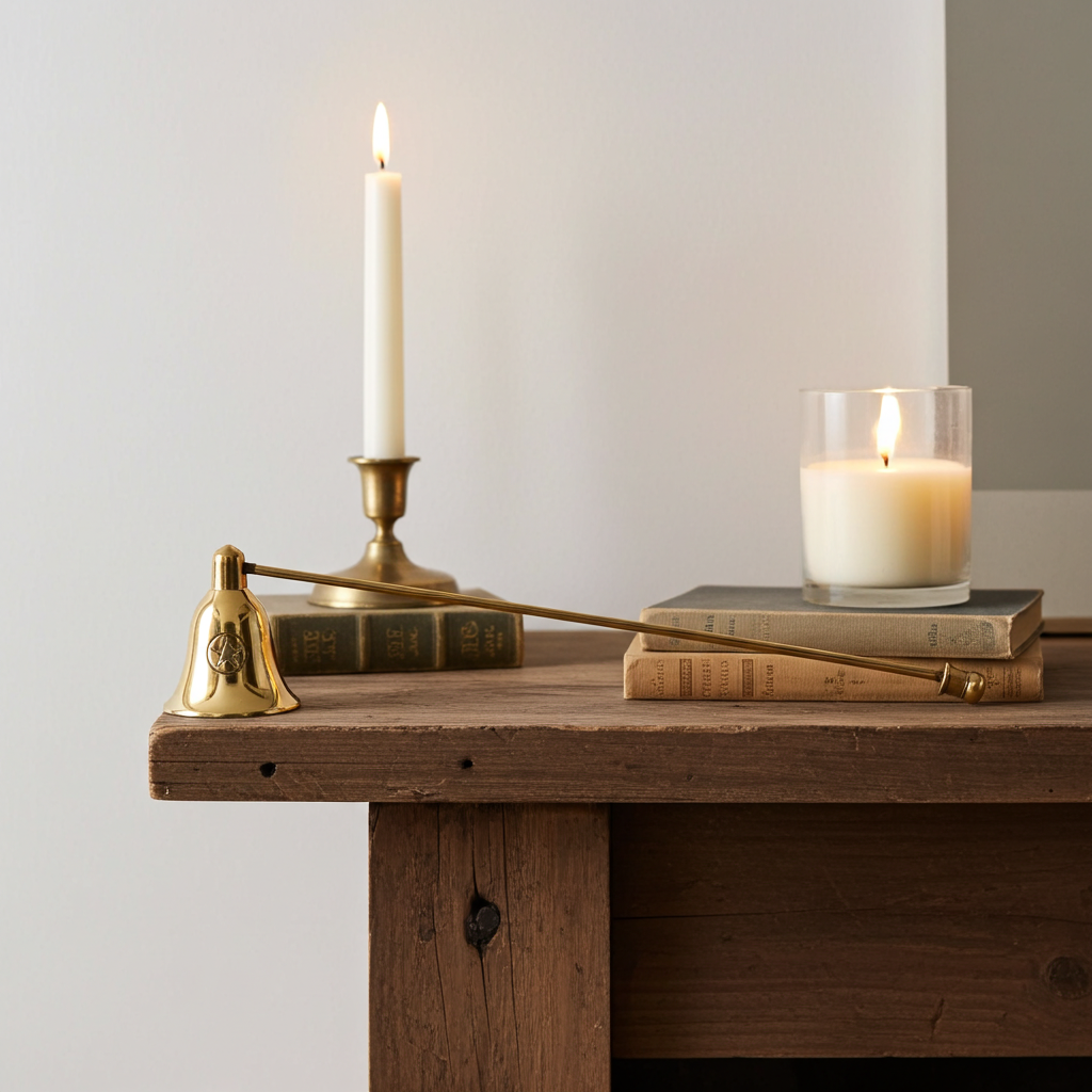 Pentacle Brass Candle Snuffer 11 inch metal candle snuffer for safely putting out candles during spiritual rituals and altar practice.