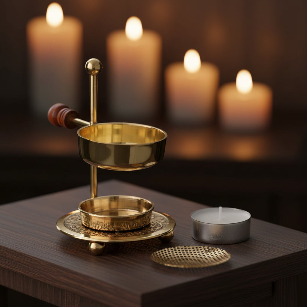 Brass Resin Burner with Wooden Knob, detail view