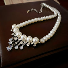 Pearl & Zircon drop pendant necklace for bridal accessories, wedding day wear, and elegant ceremonies.