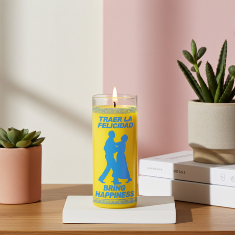 Bring Happiness yellow 1 color 7 day candle in glass jar for spiritual uplifting, positive energy, and happiness rituals.