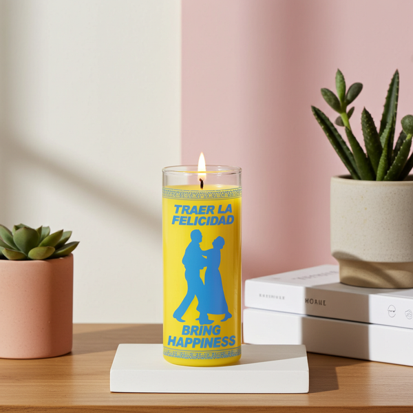 Bring Happiness yellow 1 color 7 day candle in glass jar for spiritual uplifting, positive energy, and happiness rituals.