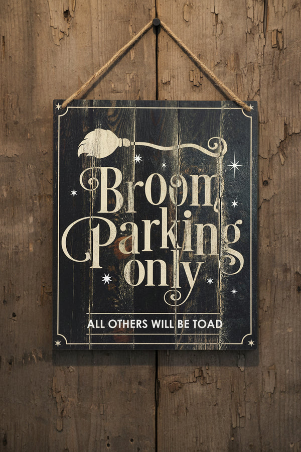 Broom Parking Only Hanging Sign, witchy-themed wood decor