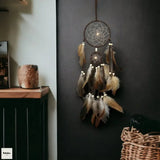Brown Feather Indian Dream Catcher wall decor for home decoration, restful bedroom ambiance, and spiritual-inspired styling.