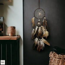 Brown Feather Indian Dream Catcher wall decor for home decoration, restful bedroom ambiance, and spiritual-inspired styling.