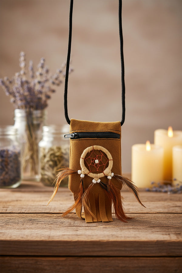 Brown Pouch Dream Catcher, small zipper pouch