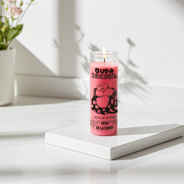 Budda Oriental pink 1 color 7 day candle in glass jar for prayer, spiritual rituals, and devotional use.