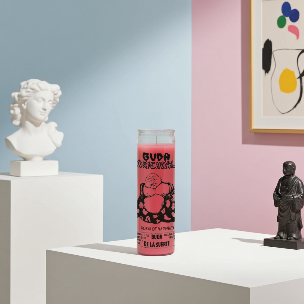 Budda Oriental pink 7 day candle glass prayer candle for altar use, meditation, and spiritual practice.
