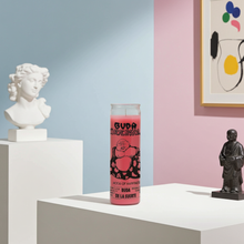 Budda Oriental pink 7 day candle glass prayer candle for altar use, meditation, and spiritual practice.