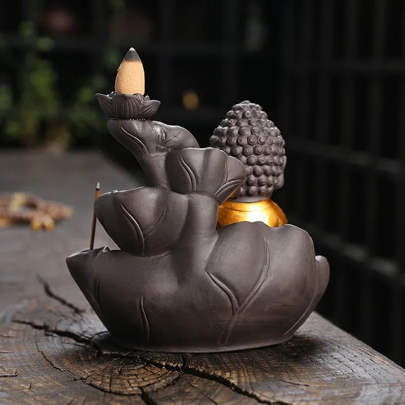 Zen Buddha ceramic backflow incense burner for incense cone burning, meditation practice, and calming room ambiance.