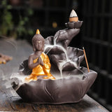 Zen Buddha backflow incense burner ornament for mindfulness spaces, spiritual practice, and fragrant cone incense use.