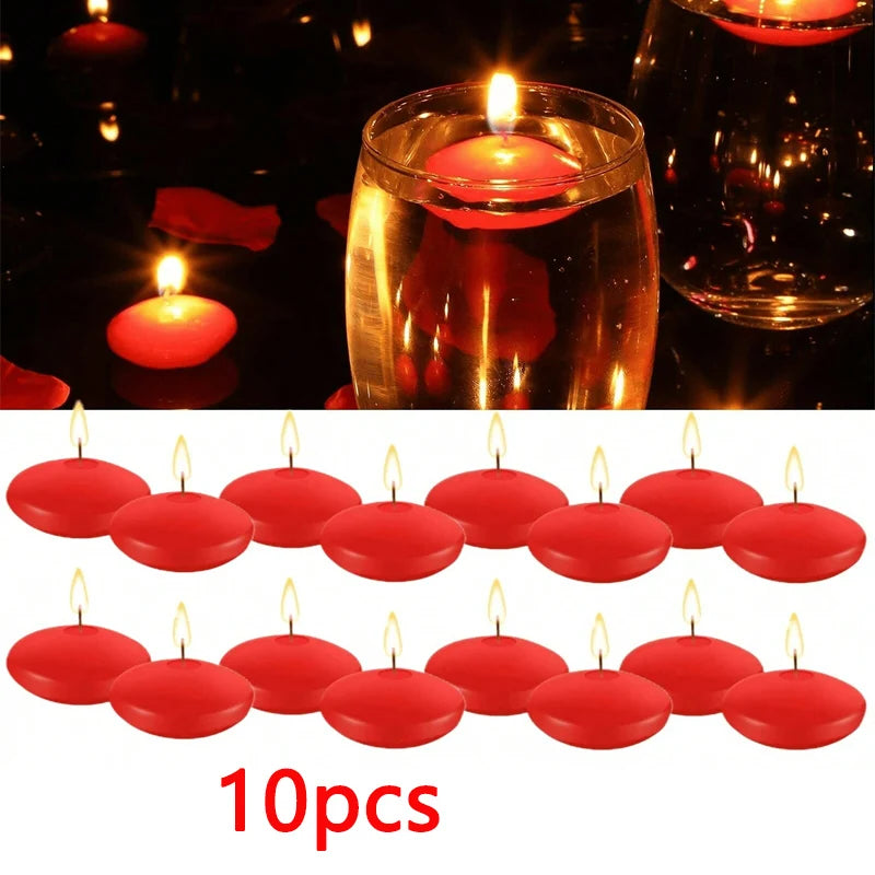 Bulk floating unscented disc candles for event decorating, banquet centerpieces, and party table setups.