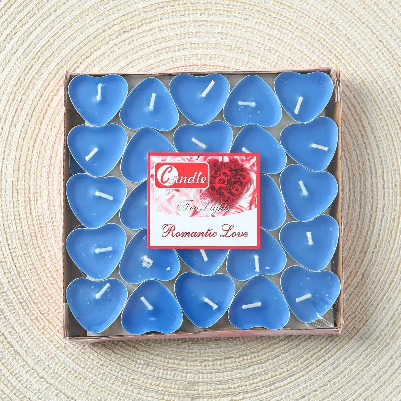 Bulk heart-shaped tea light candles for party table decor, wedding centerpieces, and romantic celebration styling.