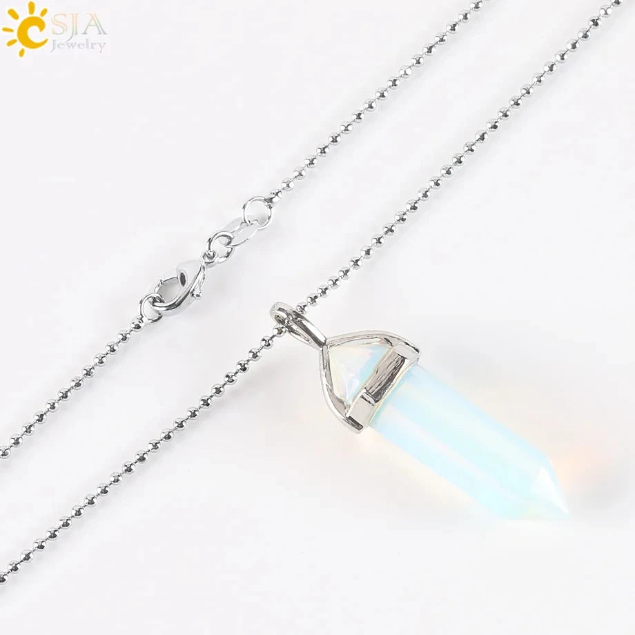 Bullet style crystal point necklace with hexagonal pendant for crystal fashion, meditation wear, and everyday use.