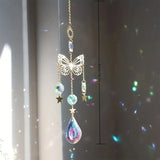 Butterfly Star Moon Crystal Sun Catcher hanging ornament for window decoration, rainbow light catching, and home decor use.
