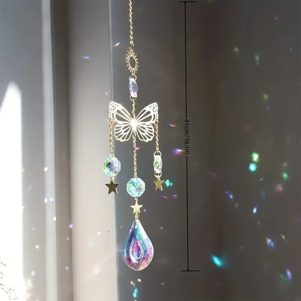 Butterfly Star Moon Crystal Sun Catcher hanging ornament for window decoration, rainbow light catching, and home decor use.