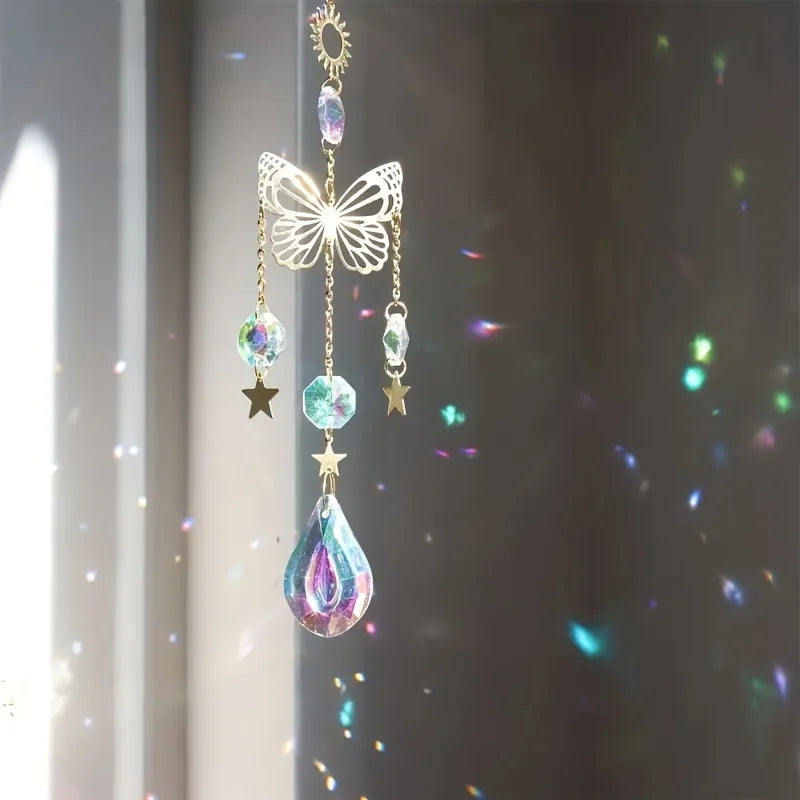 Butterfly Star Moon Crystal Sun Catcher window hanging for sun-catching display, rainbow maker use, and boho home decoration.
