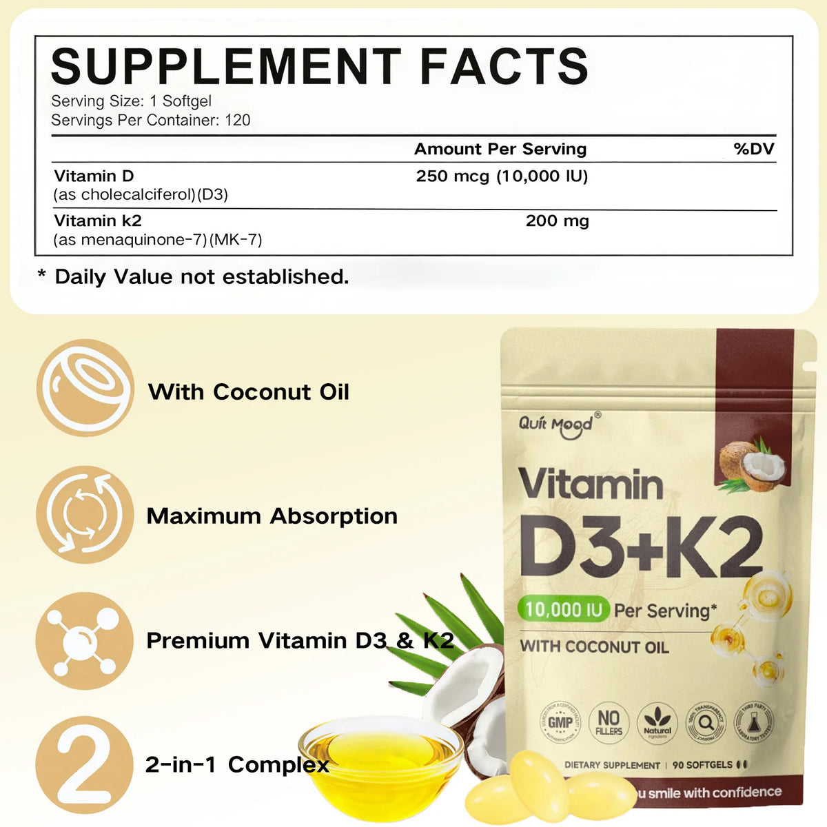 Vitamin D3K2 soft capsule formula for assisting calcium absorption and daily vitamin supplement use.