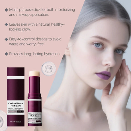 Calcium Collagen Multi Balm Stick anti-aging formula for smoothing dry skin and fine line care.