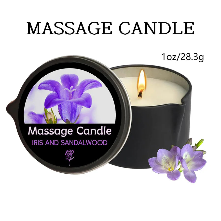 Calming massage candle with essential oils in a scented wax jar for relaxing body massage, stress relief, and aromatherapy use.