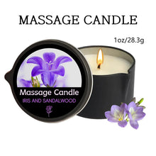 Calming massage candle with essential oils in a scented wax jar for relaxing body massage, stress relief, and aromatherapy use.