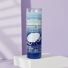 Cancer zodiac 7 day prayer candle in a tall glass container for devotional burning, zodiac practice, and home altar use.