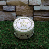 Carved pentacle trinket box for storing small jewelry, spiritual charms, and ceremonial keepsakes.