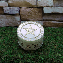 Carved pentacle trinket box for storing small jewelry, spiritual charms, and ceremonial keepsakes.