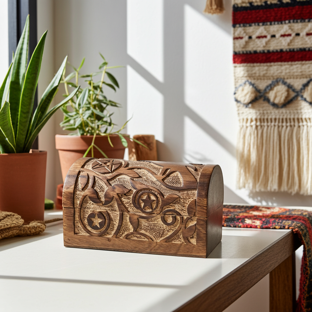 Raven & Pentagram carved wood storage box for organizing crystals, herbs, and altar supplies.