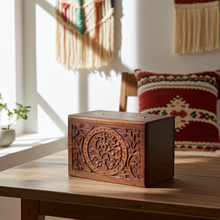 Carved Tree of Life wood box keepsake box for storing jewelry, crystals, and meaningful collectibles.