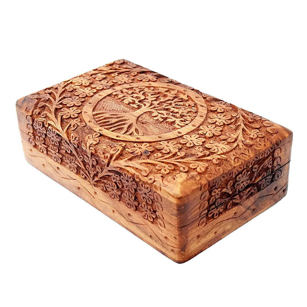 Tree Of Life carved wooden keepsake box for organizing jewelry, crystals, and meaningful personal items.
