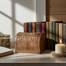 Carved Tree of Life wooden storage chest box for storing small valuables, accessories, and decorative household items.